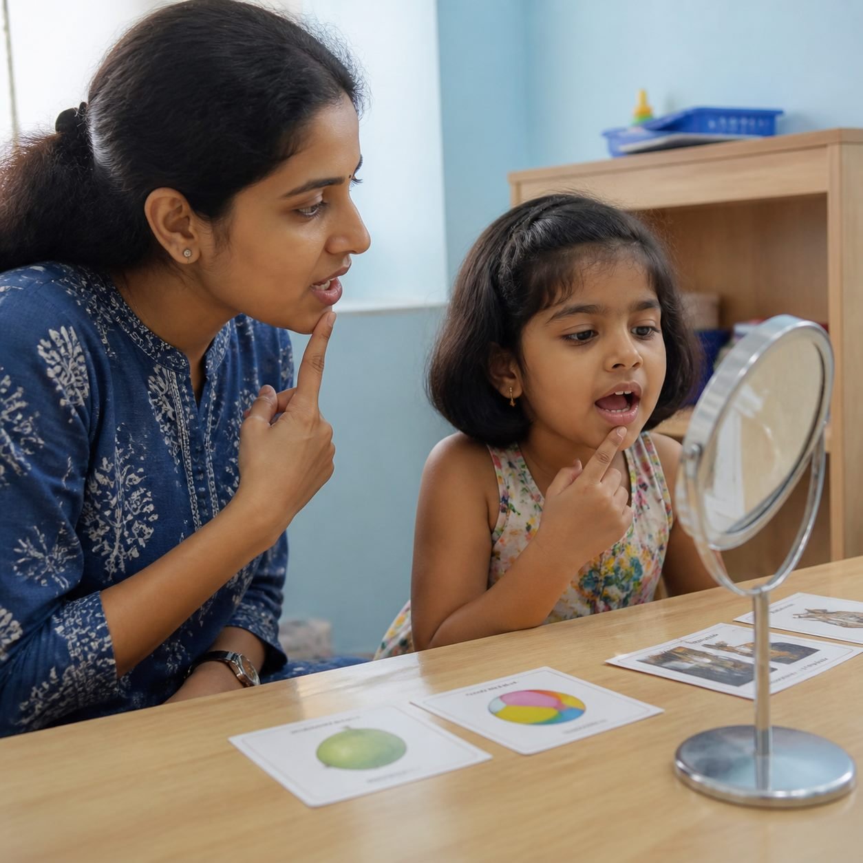 A child participating in speech therapy