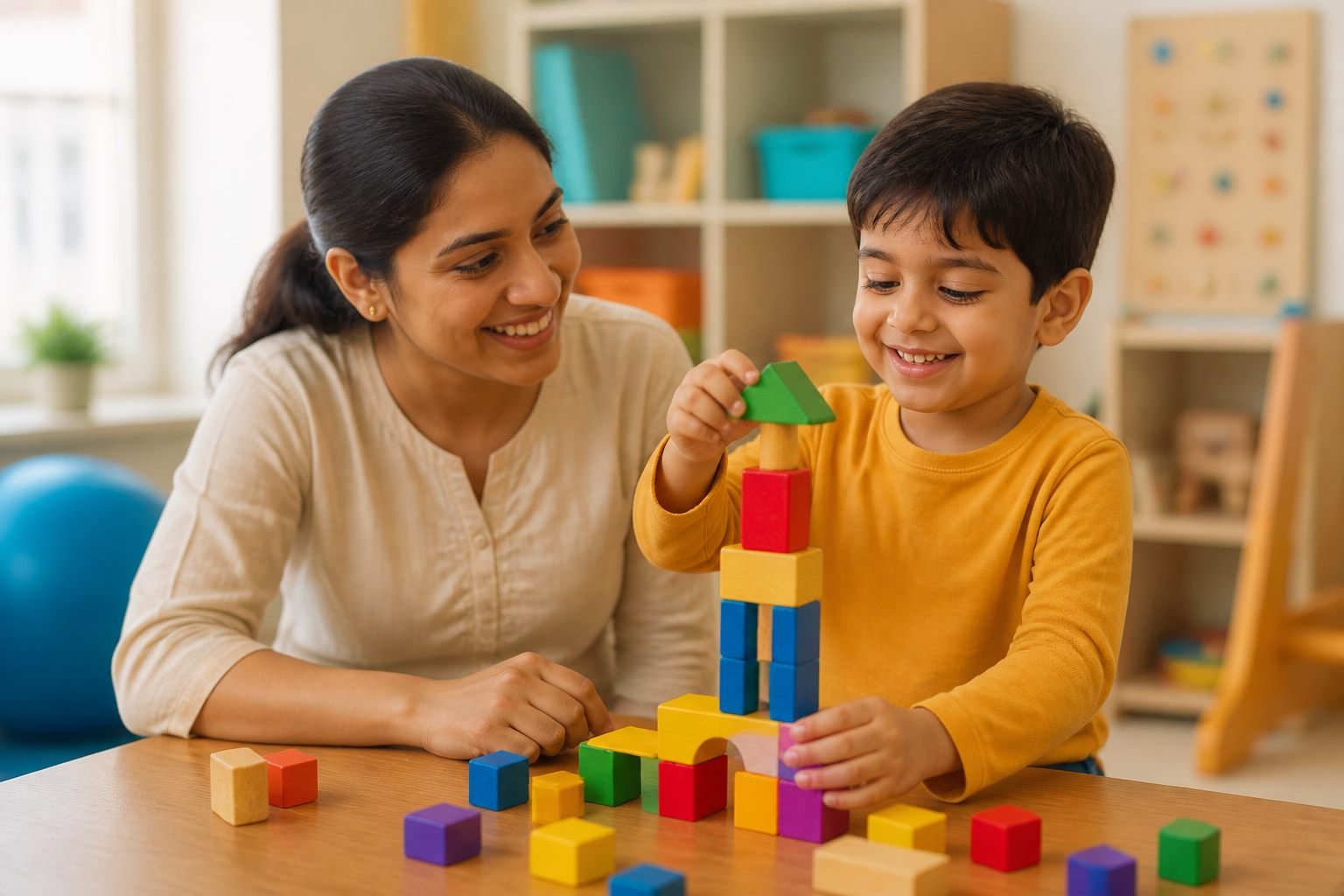 A child enjoying a developmental therapy activity with a therapist at Sunshine Child Development Center